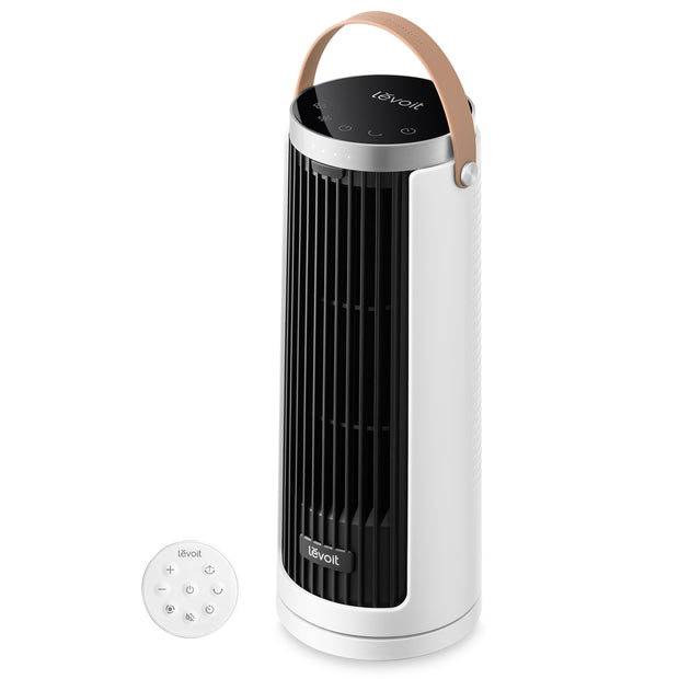 Levoit mini tower fan, white with black grille, top handle, and circular control pad