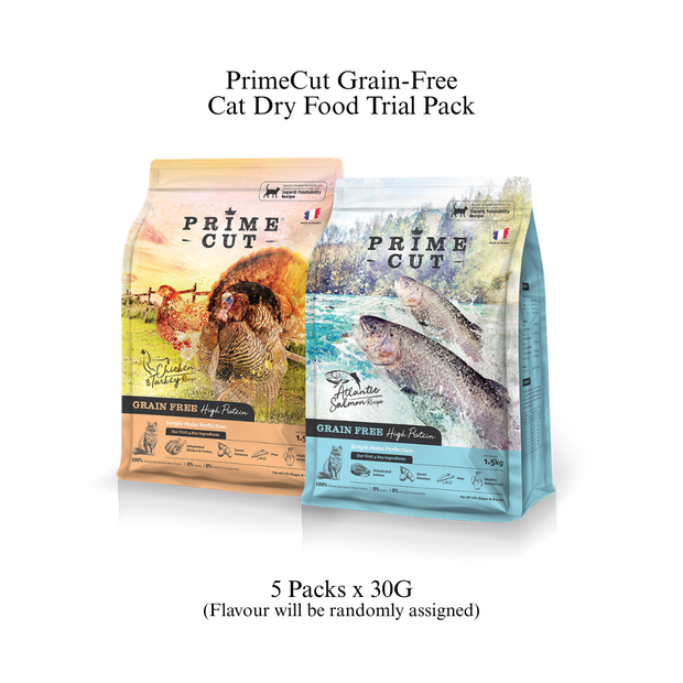 Grain-free cat dry food trial pack with two pouches, PrimeCut labels visible