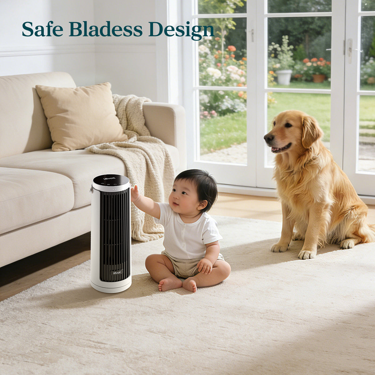 Compact white tower fan with black vertical grille standing on the floor