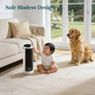 Compact white tower fan with black vertical grille standing on the floor