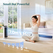 Compact white tower fan with black grille and slim vertical airflow vents