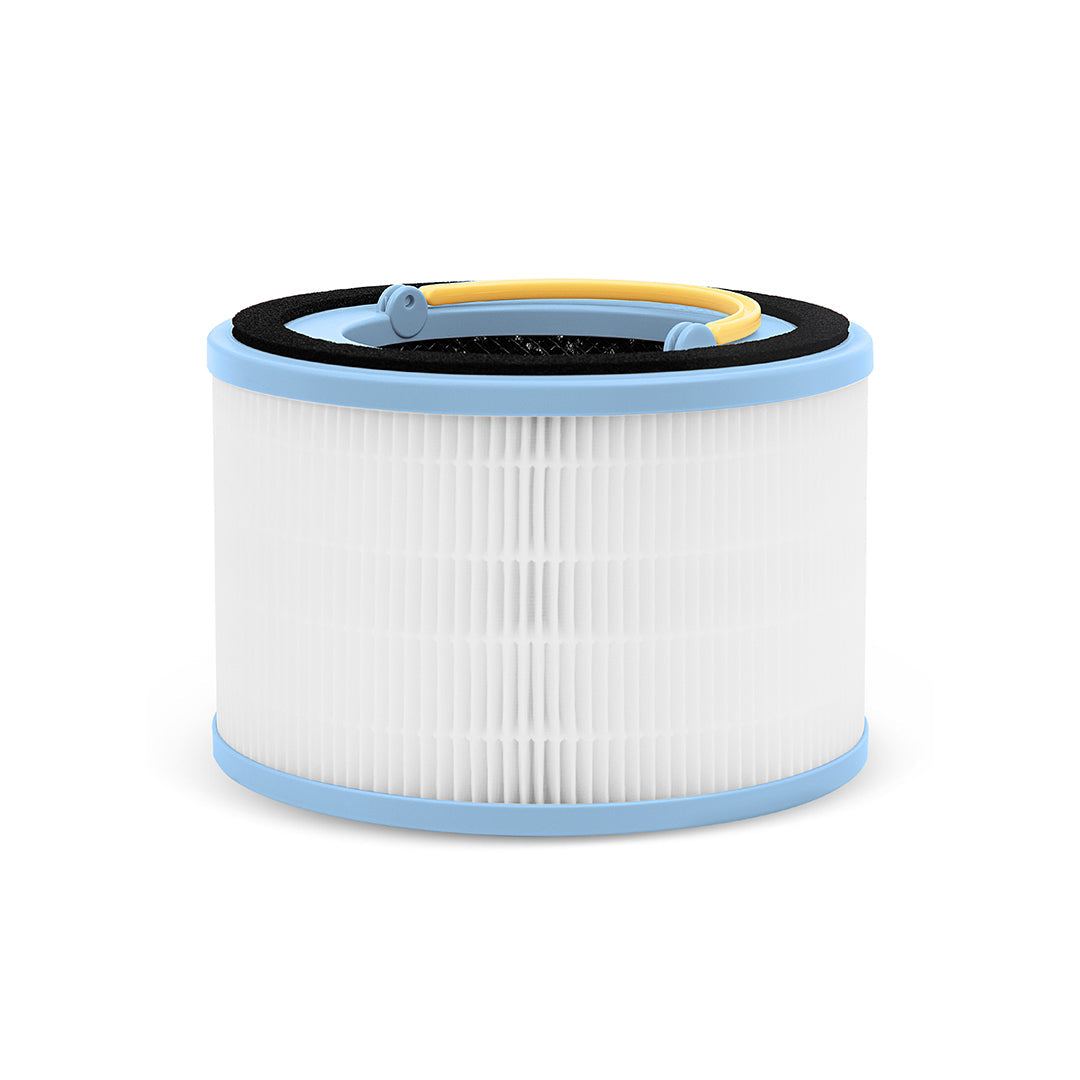 White pleated replacement filter cylinder with black foam ring and blue outer rim