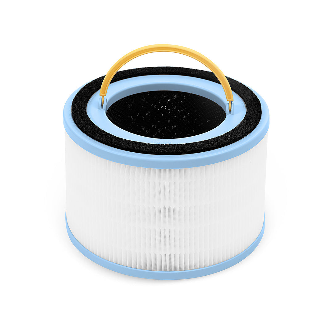 Top view of replacement filter cartridge: black foam, white pleats, yellow handle loop