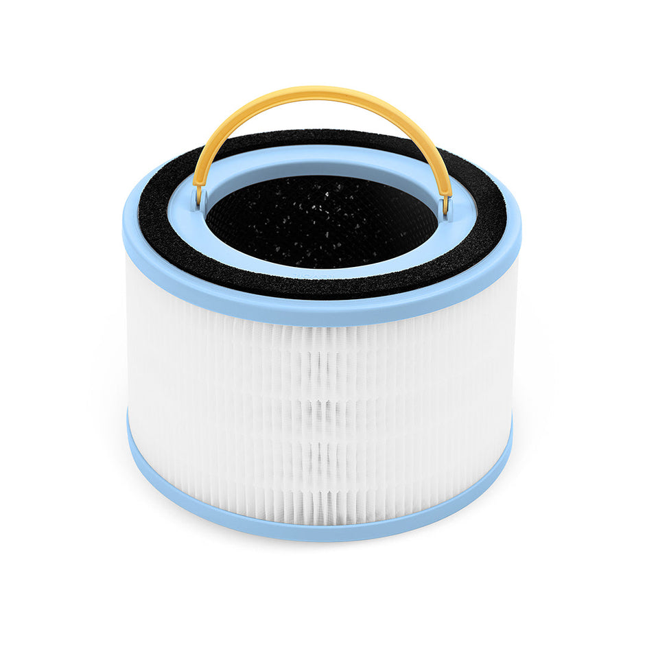Top view of replacement filter cartridge: black foam, white pleats, yellow handle loop