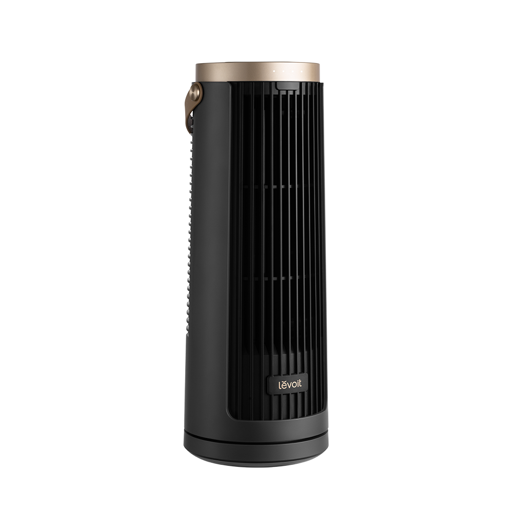 Levoit tower fan side view in black with top carry handle
