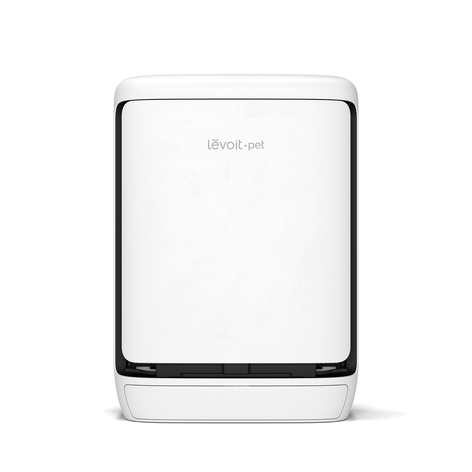 Levoit pet smart air purifier, white front view with black air intake strip