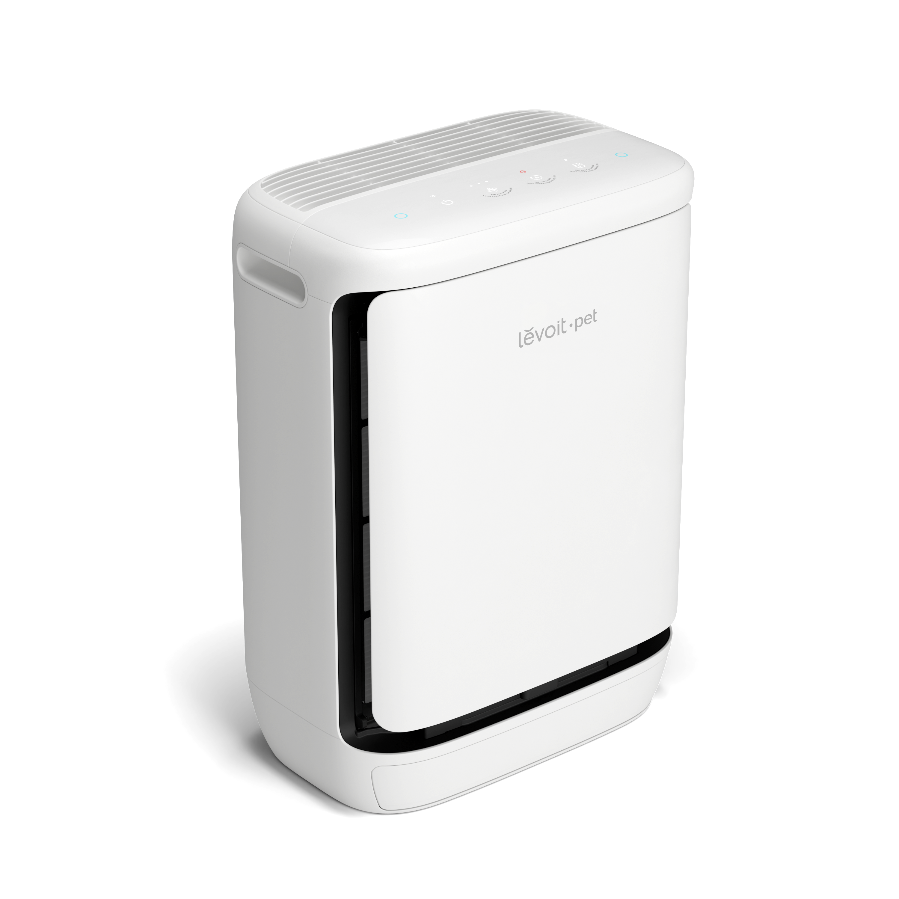 Levoit pet smart air purifier, white side view with control lights on top
