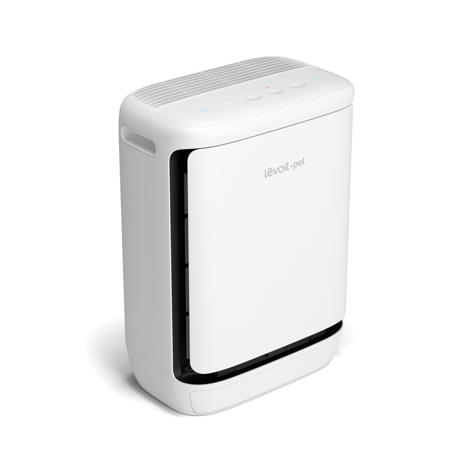 Levoit pet smart air purifier, white side view with control lights on top
