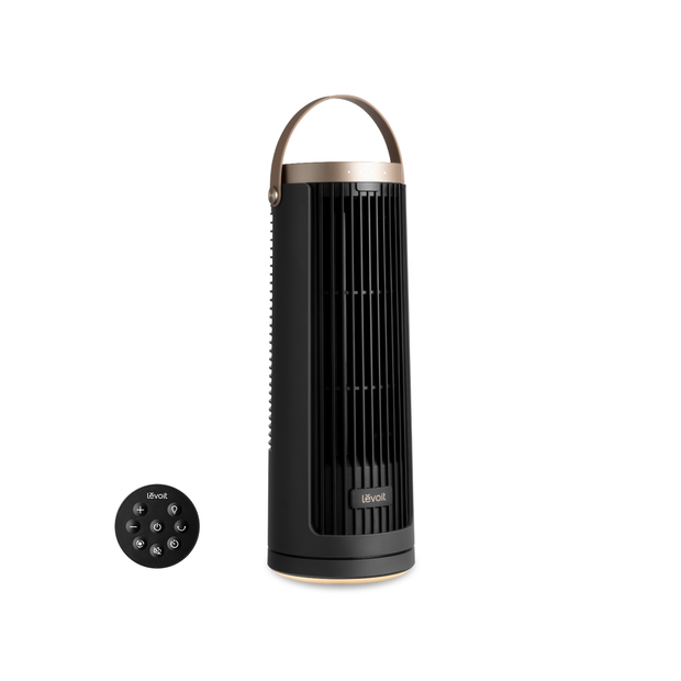 Levoit tower fan in black with top carry handle and control buttons