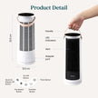 White tower fan with black vertical grille and top control panel, side handle